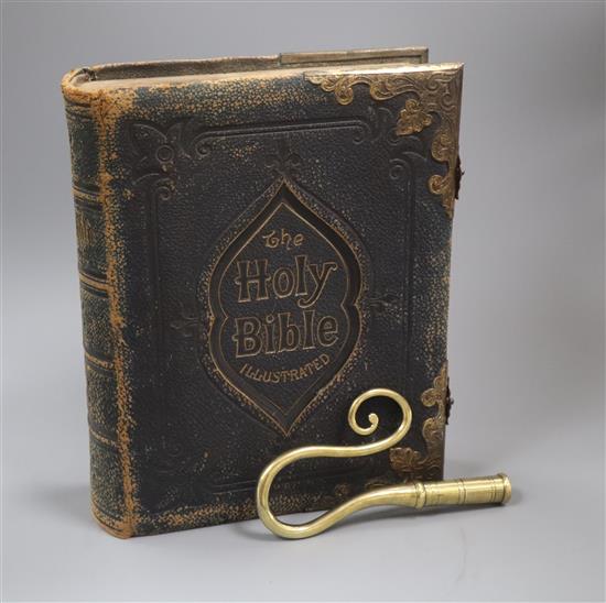 A Victorian colour illustrated Holy Bible and a brass crozier finial